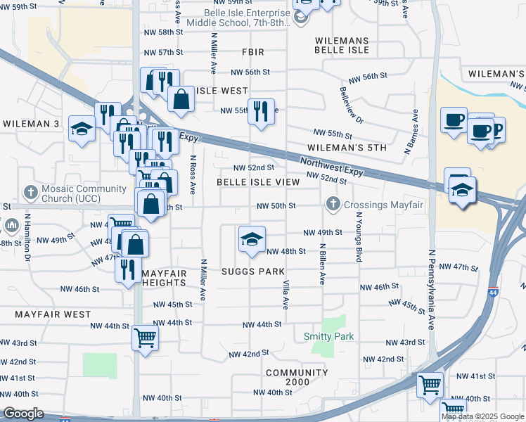 map of restaurants, bars, coffee shops, grocery stores, and more near 2524 Northwest 50th Street in Oklahoma City