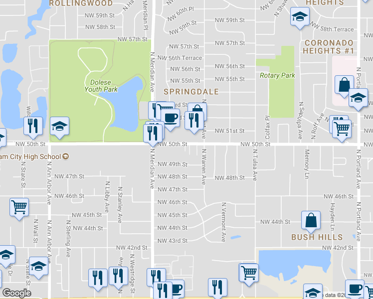map of restaurants, bars, coffee shops, grocery stores, and more near 4324 Northwest 50th Street in Oklahoma City