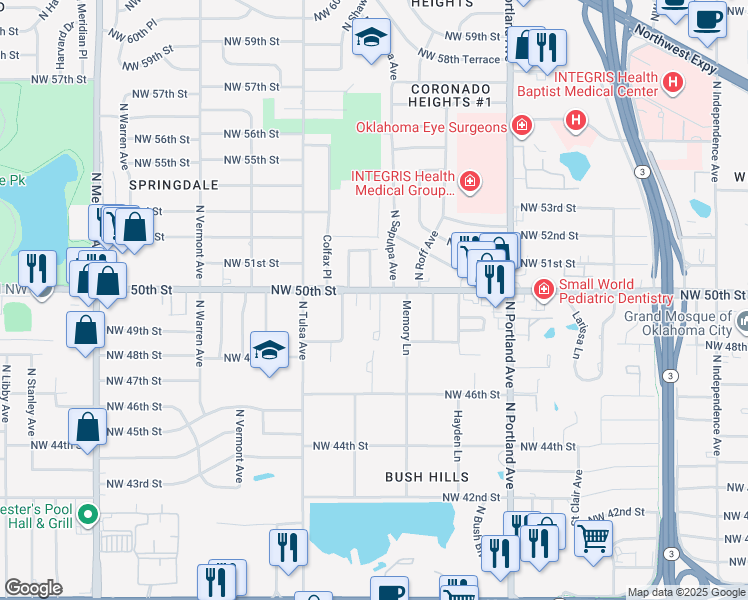 map of restaurants, bars, coffee shops, grocery stores, and more near 5000 Colfax Place in Oklahoma City
