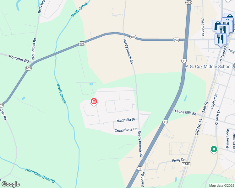 map of restaurants, bars, coffee shops, grocery stores, and more near 261 Cooper Street in Winterville