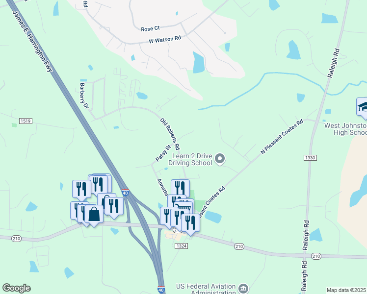 map of restaurants, bars, coffee shops, grocery stores, and more near 320 Old Roberts Road in Benson