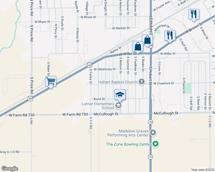 map of restaurants, bars, coffee shops, grocery stores, and more near 1103 South Dwight Street in Pampa