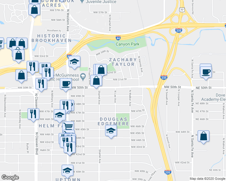 map of restaurants, bars, coffee shops, grocery stores, and more near 619 Northwest 49th Street in Oklahoma City