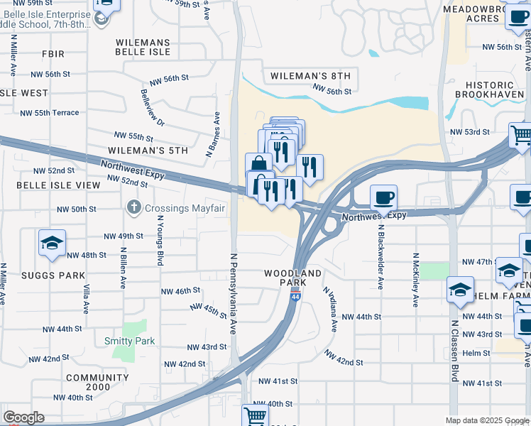 map of restaurants, bars, coffee shops, grocery stores, and more near 2029 Mattern Drive in Oklahoma City