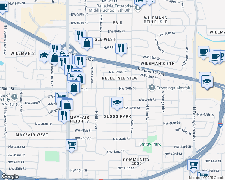 map of restaurants, bars, coffee shops, grocery stores, and more near 2625 Northwest 49th Street in Oklahoma City
