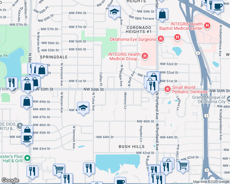 map of restaurants, bars, coffee shops, grocery stores, and more near 5000 Colfax Place in Oklahoma City