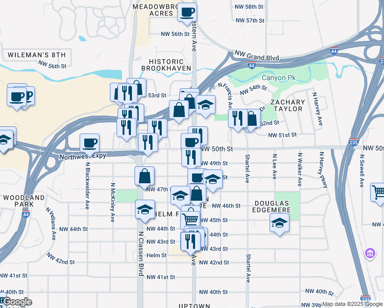 map of restaurants, bars, coffee shops, grocery stores, and more near in Oklahoma City