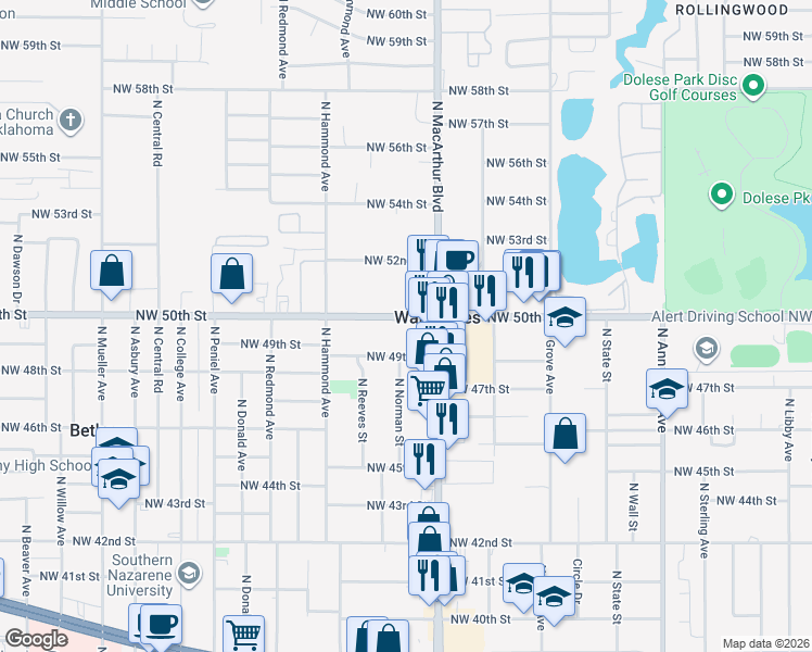map of restaurants, bars, coffee shops, grocery stores, and more near 5901 Northwest 49th Street in Warr Acres