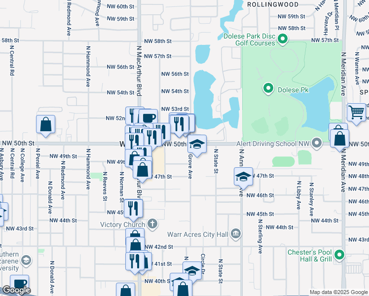 map of restaurants, bars, coffee shops, grocery stores, and more near 5808 Northwest 50th Street in Warr Acres