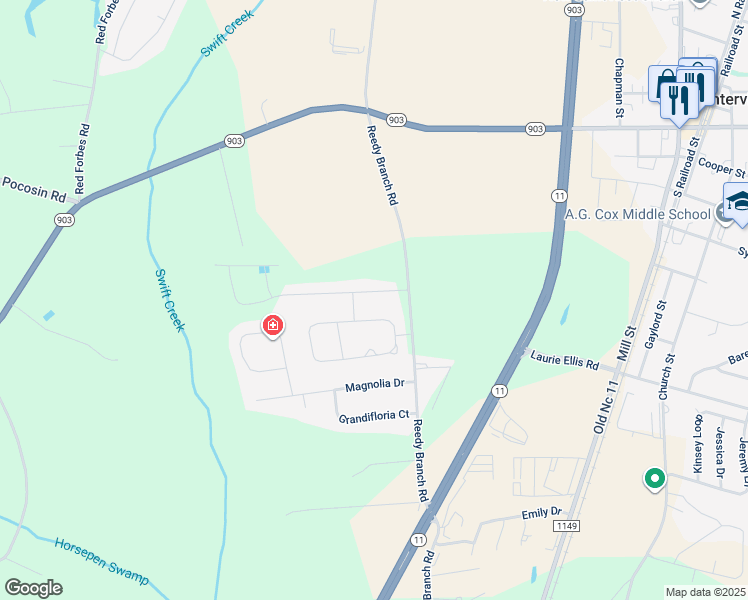 map of restaurants, bars, coffee shops, grocery stores, and more near 235 Copper Creek Drive in Winterville