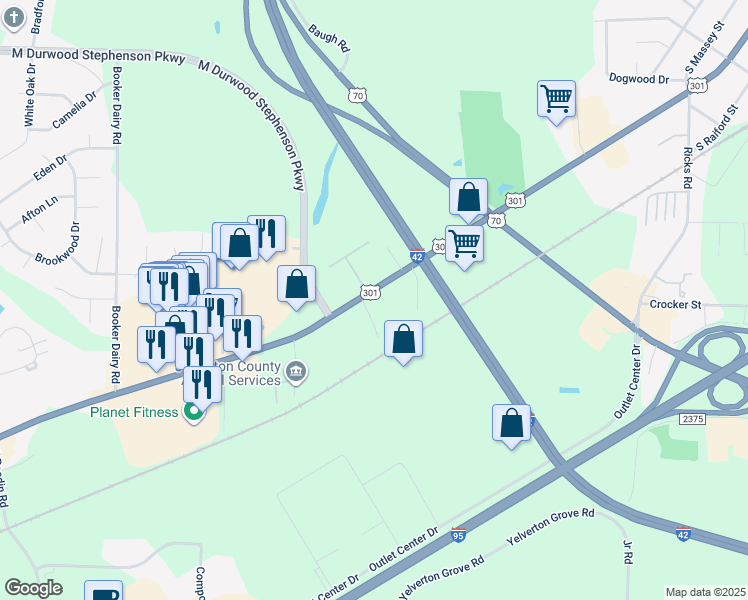 map of restaurants, bars, coffee shops, grocery stores, and more near 1360 North Brightleaf Boulevard in Smithfield