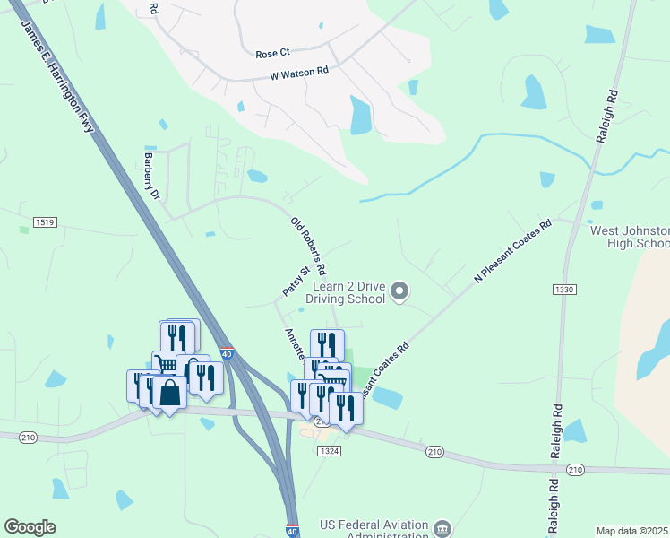 map of restaurants, bars, coffee shops, grocery stores, and more near 320 Old Roberts Rd in Benson