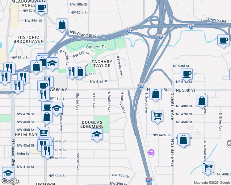 map of restaurants, bars, coffee shops, grocery stores, and more near 401 Northwest 49th Street in Oklahoma City