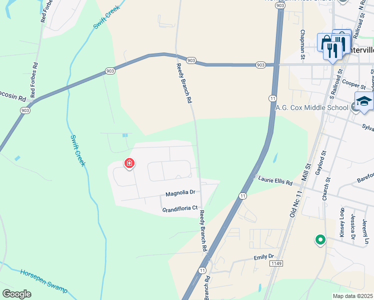 map of restaurants, bars, coffee shops, grocery stores, and more near 221 Copper Creek Drive in Winterville