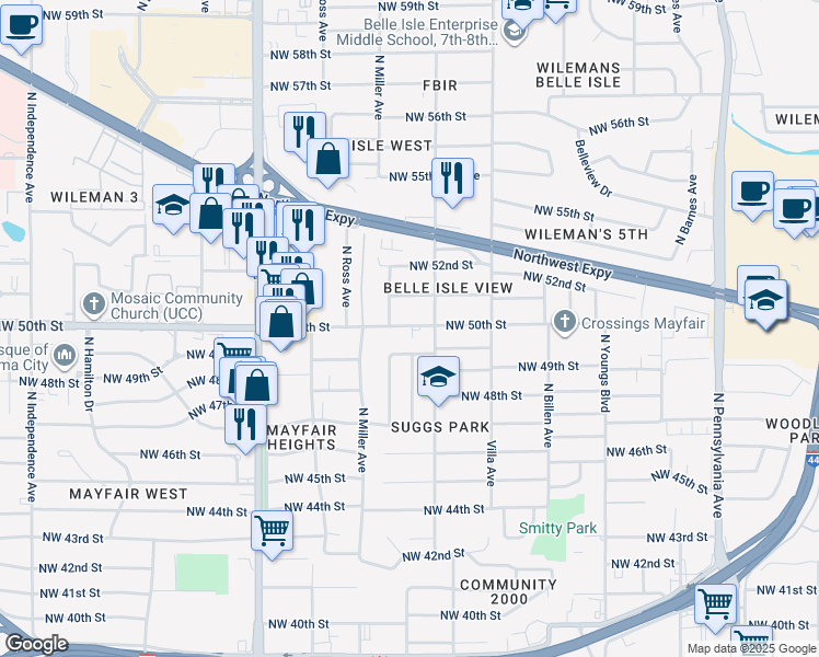map of restaurants, bars, coffee shops, grocery stores, and more near 2610 Northwest 50th Street in Oklahoma City