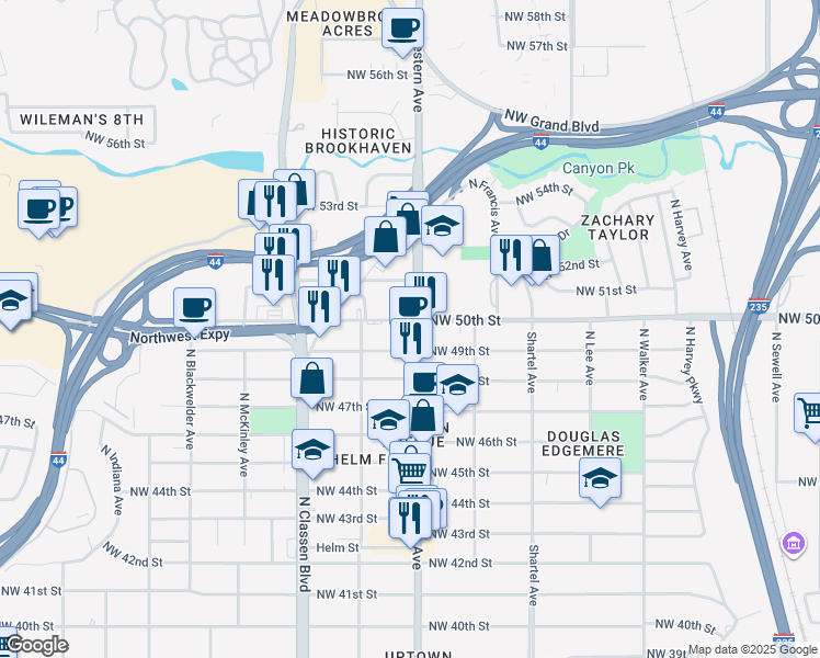 map of restaurants, bars, coffee shops, grocery stores, and more near in Oklahoma City