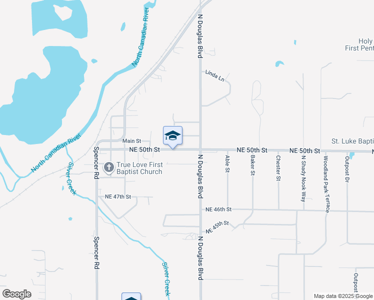 map of restaurants, bars, coffee shops, grocery stores, and more near 8900 Northeast 50th Street in Spencer