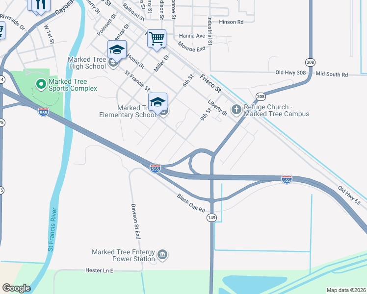 map of restaurants, bars, coffee shops, grocery stores, and more near 511 9th Street in Marked Tree