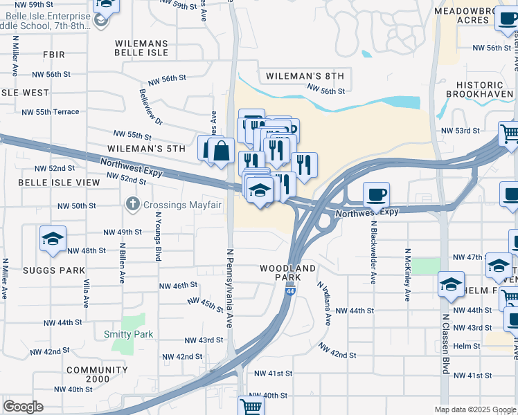 map of restaurants, bars, coffee shops, grocery stores, and more near 5000 North Pennsylvania Avenue in Oklahoma City