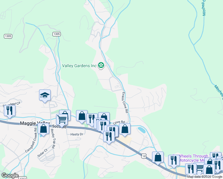 map of restaurants, bars, coffee shops, grocery stores, and more near 76 Line Drive in Maggie Valley