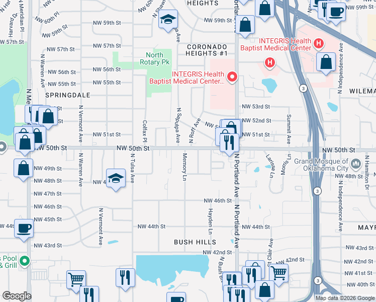 map of restaurants, bars, coffee shops, grocery stores, and more near 5005 North Quapah Place in Oklahoma City
