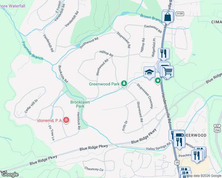 map of restaurants, bars, coffee shops, grocery stores, and more near 4 Greenwood Place in Biltmore Forest
