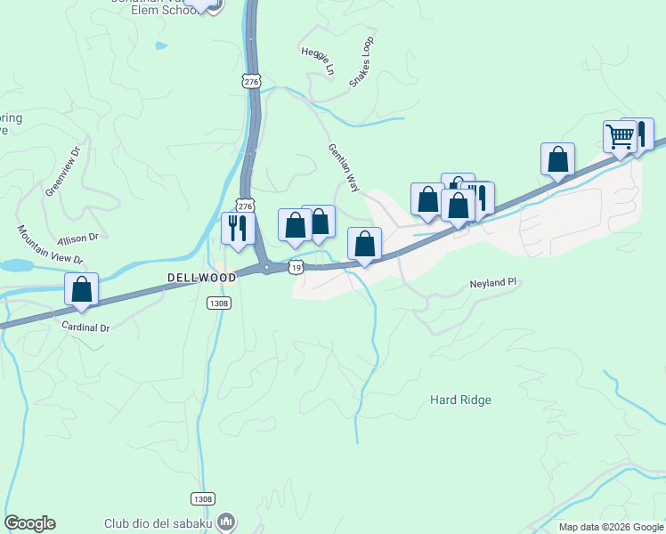 map of restaurants, bars, coffee shops, grocery stores, and more near 3523 Dellwood Road in Waynesville