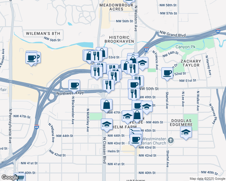 map of restaurants, bars, coffee shops, grocery stores, and more near 1217 Northwest 49th Street in Oklahoma City