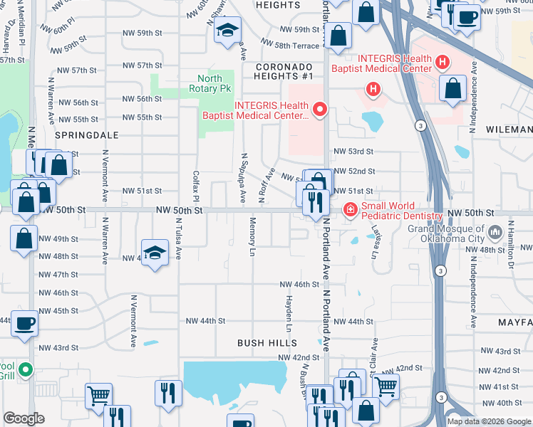map of restaurants, bars, coffee shops, grocery stores, and more near 5005 North Quapah Place in Oklahoma City