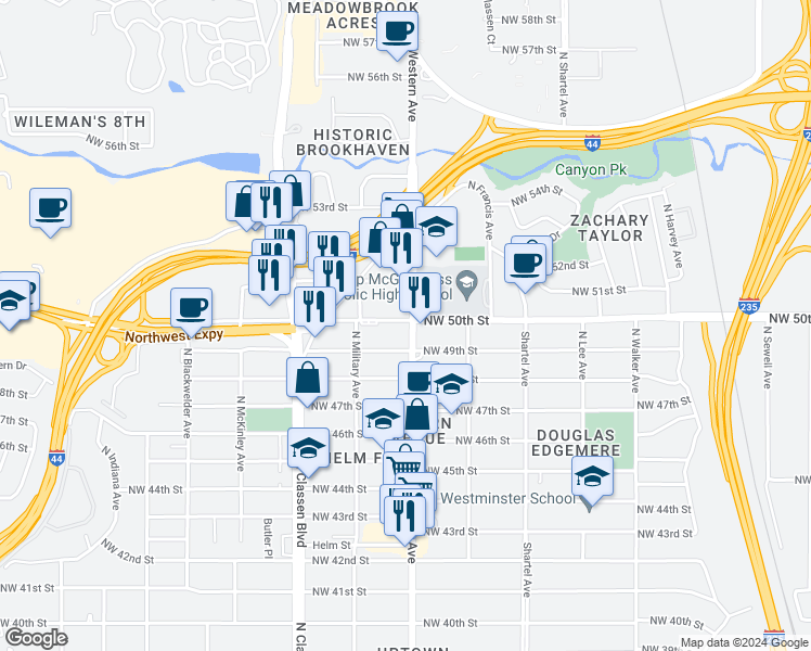 map of restaurants, bars, coffee shops, grocery stores, and more near 1104 Northwest 50th Street in Oklahoma City