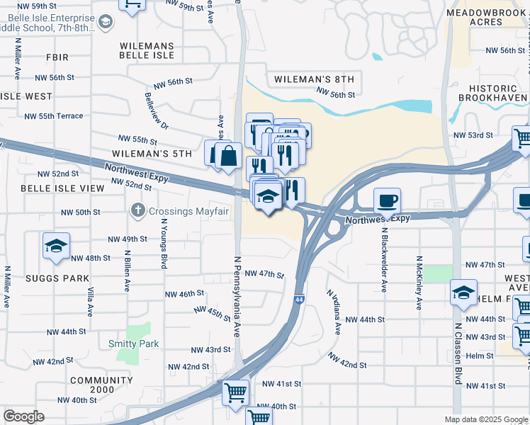map of restaurants, bars, coffee shops, grocery stores, and more near 5000 North Pennsylvania Avenue in Oklahoma City