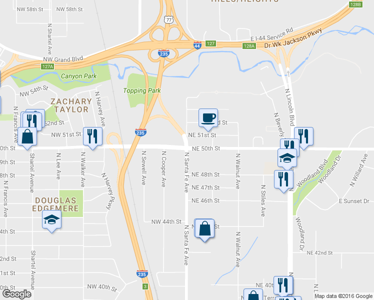 map of restaurants, bars, coffee shops, grocery stores, and more near 5000 N Santa Fe Ave in Oklahoma City