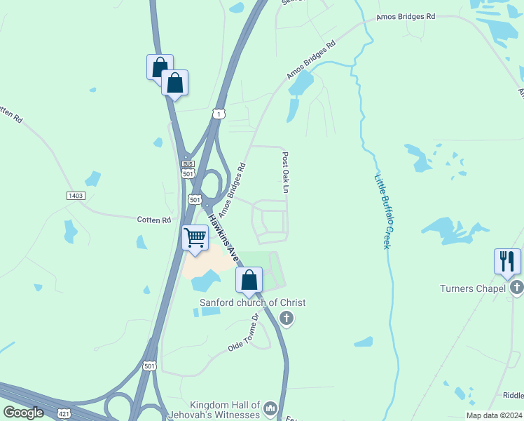map of restaurants, bars, coffee shops, grocery stores, and more near Peaceful Lane in Sanford
