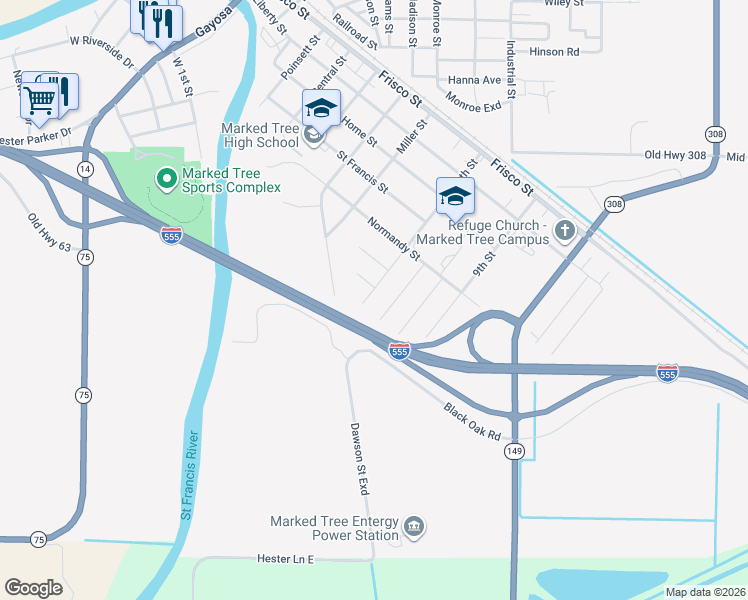 map of restaurants, bars, coffee shops, grocery stores, and more near 102 Barbara Allen Drive in Marked Tree