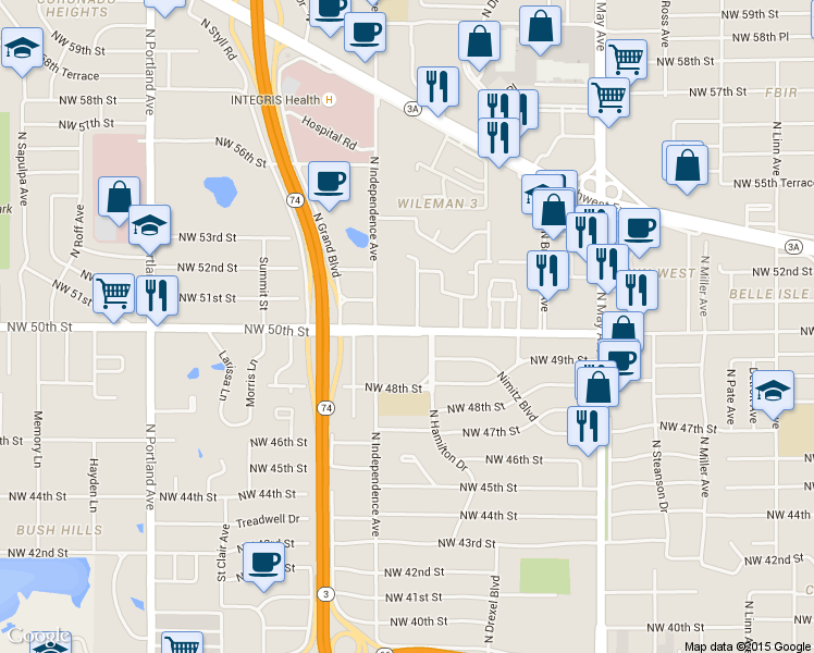 map of restaurants, bars, coffee shops, grocery stores, and more near 5111 North Hamilton Drive in Oklahoma City