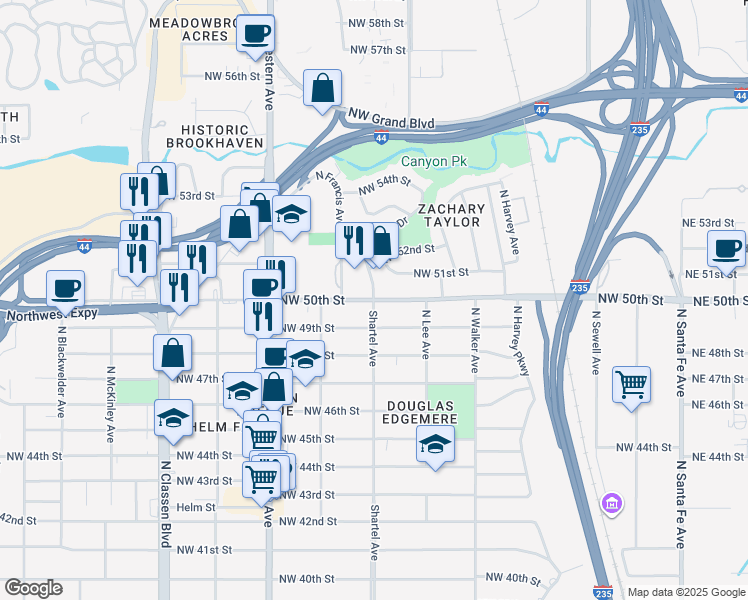map of restaurants, bars, coffee shops, grocery stores, and more near NW 50th St & N Shartel Ave in Oklahoma City