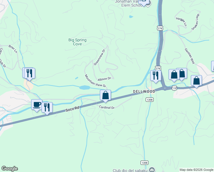 map of restaurants, bars, coffee shops, grocery stores, and more near 386 Mountain View Drive in Maggie Valley