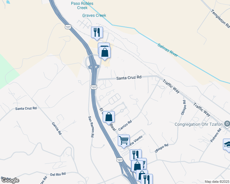 map of restaurants, bars, coffee shops, grocery stores, and more near 5155 Santa Cruz Road in Atascadero