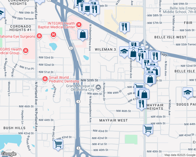 map of restaurants, bars, coffee shops, grocery stores, and more near 3225 Northwest 50th Street in Oklahoma City
