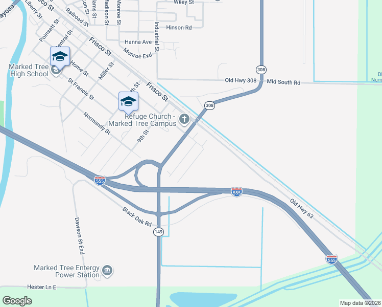 map of restaurants, bars, coffee shops, grocery stores, and more near 202 11th Street in Marked Tree