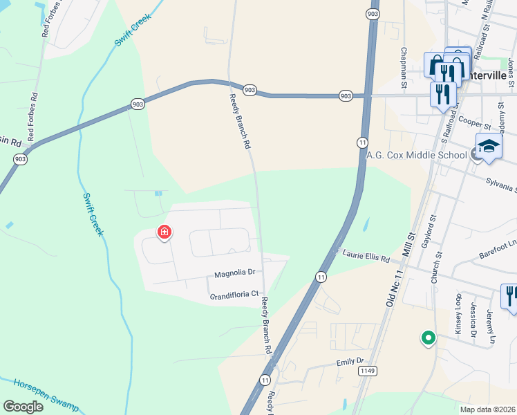 map of restaurants, bars, coffee shops, grocery stores, and more near Copper Creek Drive in Winterville