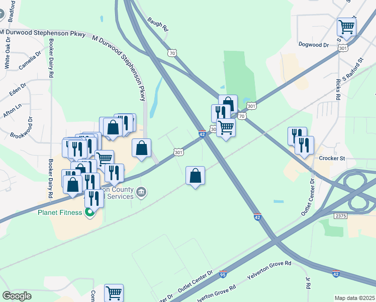 map of restaurants, bars, coffee shops, grocery stores, and more near 1693 South Pollock Street in Smithfield