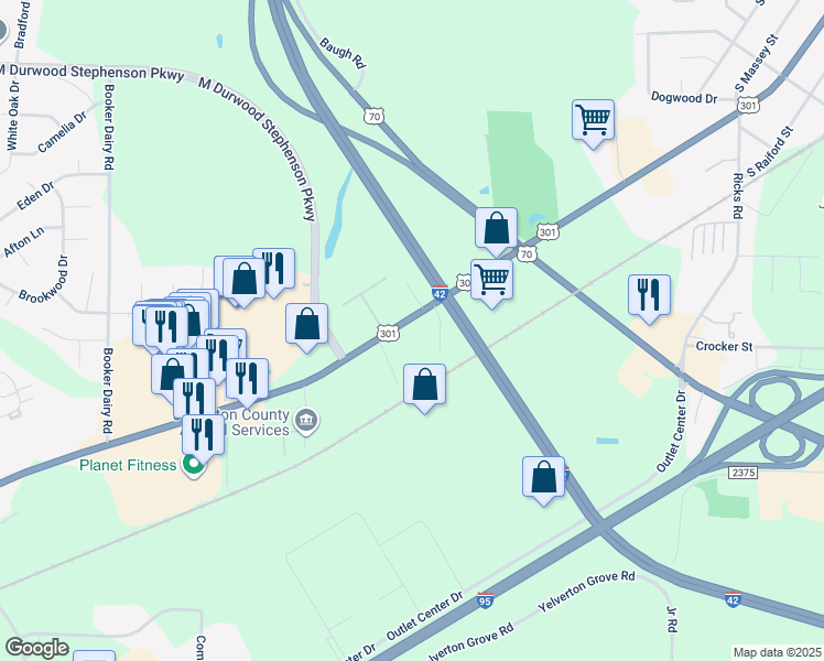 map of restaurants, bars, coffee shops, grocery stores, and more near 1693 South Pollock Street in Smithfield