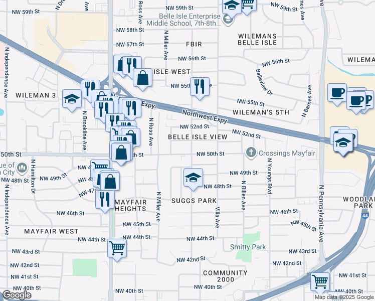 map of restaurants, bars, coffee shops, grocery stores, and more near 5120 North Linn Avenue in Oklahoma City