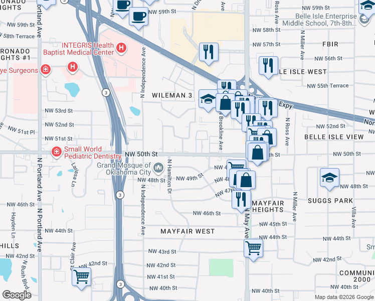 map of restaurants, bars, coffee shops, grocery stores, and more near 5300 North Drexel Boulevard in Oklahoma City
