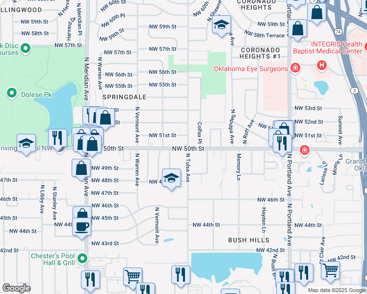 map of restaurants, bars, coffee shops, grocery stores, and more near 4108 Northwest 51st Street in Oklahoma City