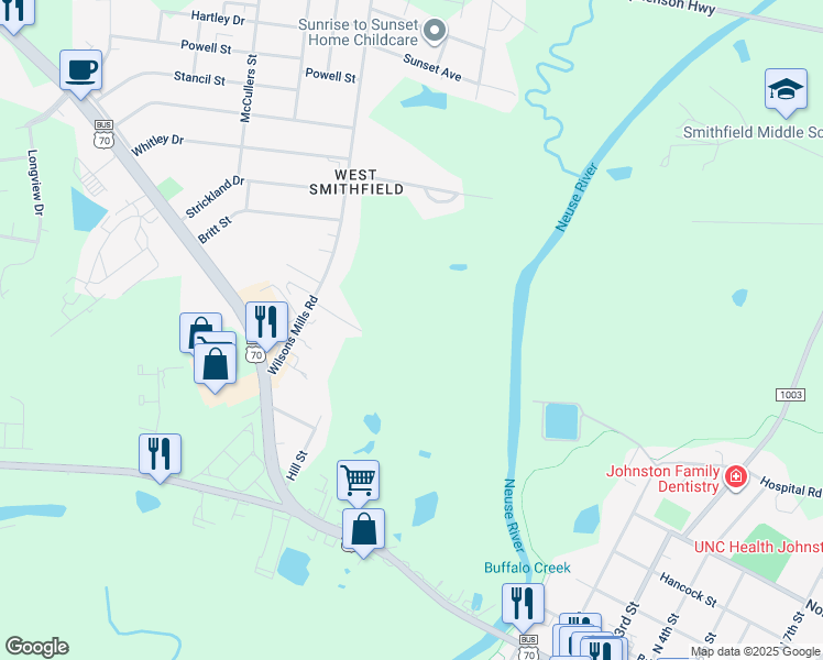 map of restaurants, bars, coffee shops, grocery stores, and more near 200 Wilsons Mills Road in Smithfield