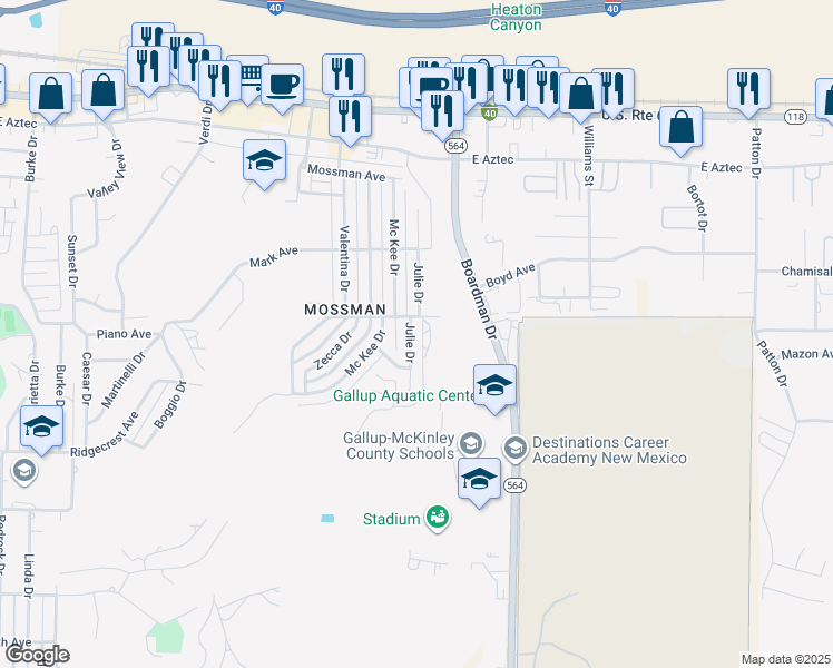 map of restaurants, bars, coffee shops, grocery stores, and more near 2094-2142 Boyd Ave in Gallup