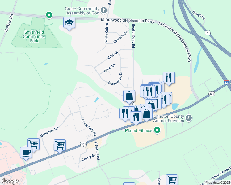 map of restaurants, bars, coffee shops, grocery stores, and more near 124 Heritage Dr in Smithfield