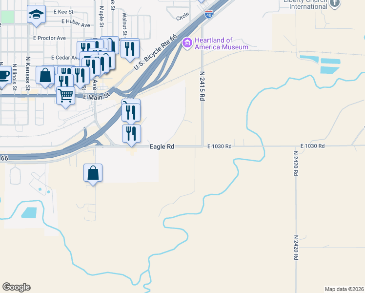 map of restaurants, bars, coffee shops, grocery stores, and more near 1531 Eagle Road in Weatherford